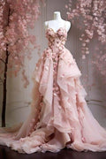 Sweet Pink Chiffon Tulle Appliques Prom Dress Spaghetti Straps Long Evening Dress Y8327