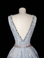 Glamorous V Neck Tulle Beaded Feathers A Line Prom Dress Evening Dress Y8682