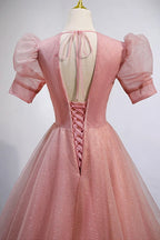 Pink V-Neck Tulle Long Prom Dresses A-Line Short Sleeve Evening Dresses Y892