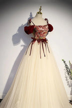 Champagne Tulle Spaghetti Strap Long Prom Dress  A Line Party Ball Gown Y7952