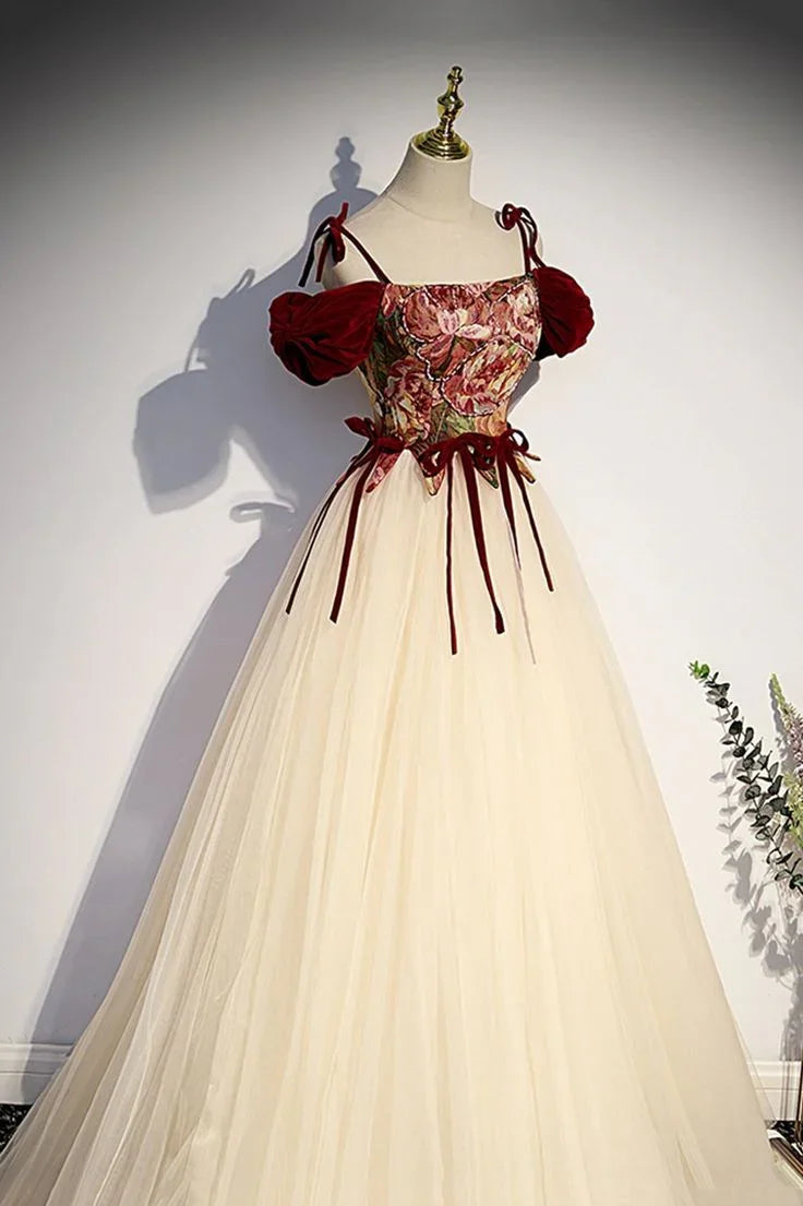 Champagne Tulle Spaghetti Strap Long Prom Dress  A Line Party Ball Gown Y7952