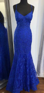 Elegant Mermaid V Neck Royal Blue Lace Evening Dress Y819