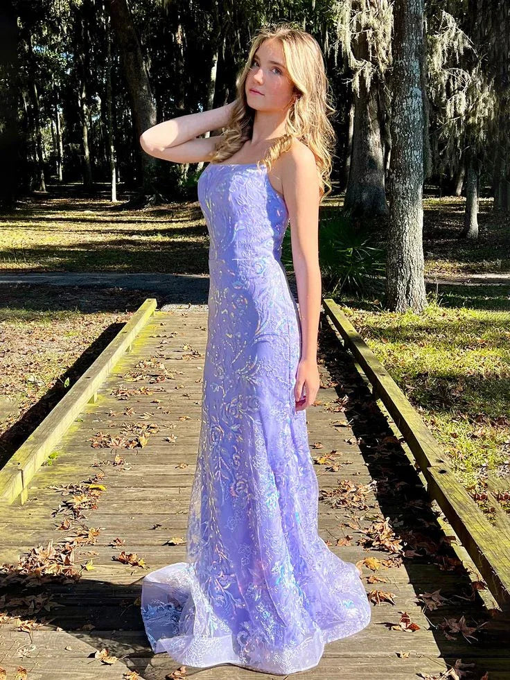 Charming Mermaid Spagehtti Straps Lilac Lace Sequin Long Prom Dress Evening Dress Y8235