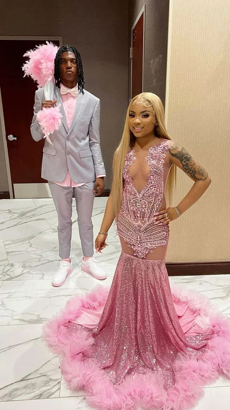 Luxurious Pink Mermaid Prom Dress Pink Evening Gown Y5451