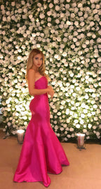 Elegant Strapless Mermaid Satin Evening Dress Hot Pink Evening Gown Y5183