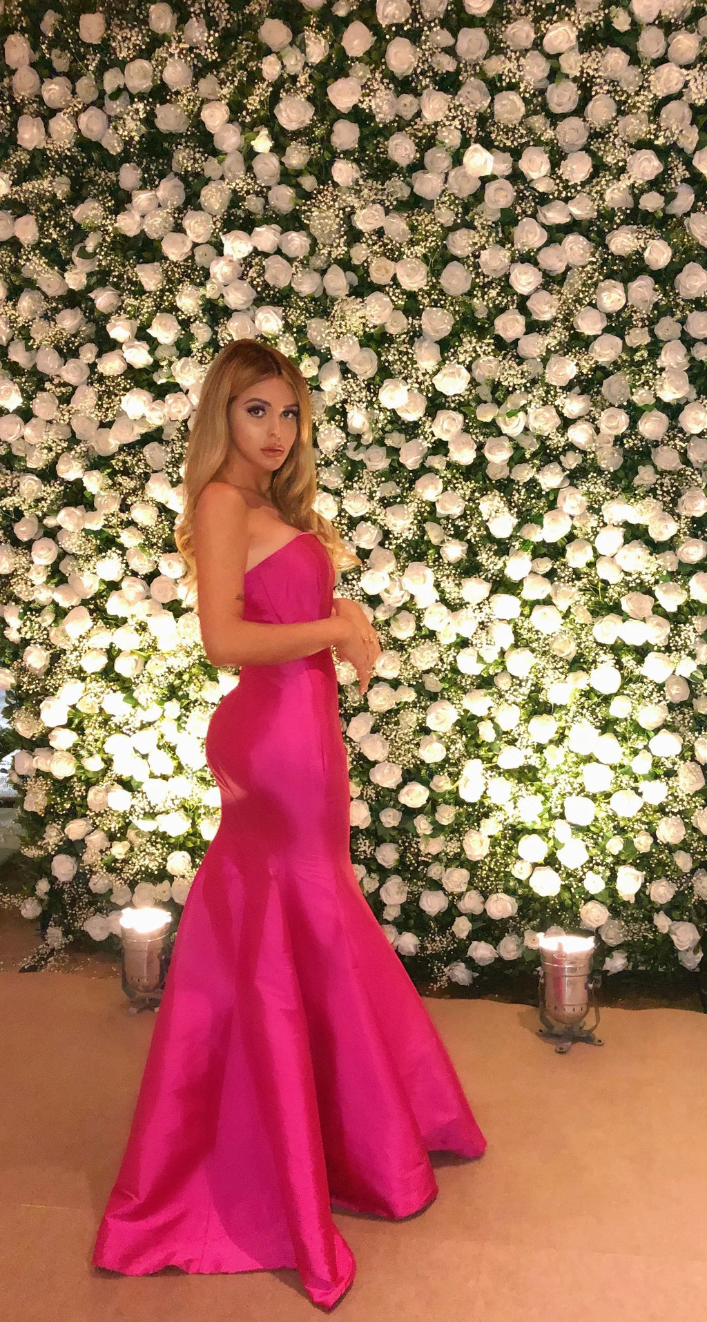 Elegant Strapless Mermaid Satin Evening Dress Hot Pink Evening Gown Y5183