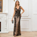 Vintage Mujer Sequins Beading Long Evening Dresses Formal Round Neck Lace Long Sexy Women Party Special Occasion