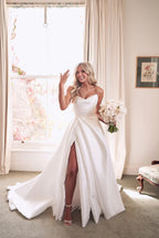 Vintage A Line Ivory Satin Beach Wedding Dress With Side Slit