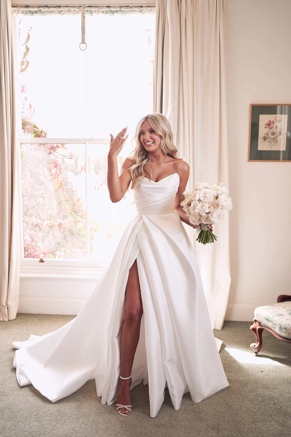 Vintage A Line Ivory Satin Beach Wedding Dress With Side Slit