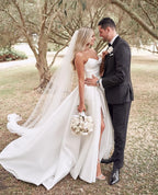 Vintage A Line Ivory Satin Beach Wedding Dress With Side Slit
