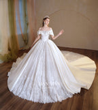 Regal Off-Shoulder Satin Ball Gown Wedding Dress with Cathedral Train & Crystal Lace Appliqués
