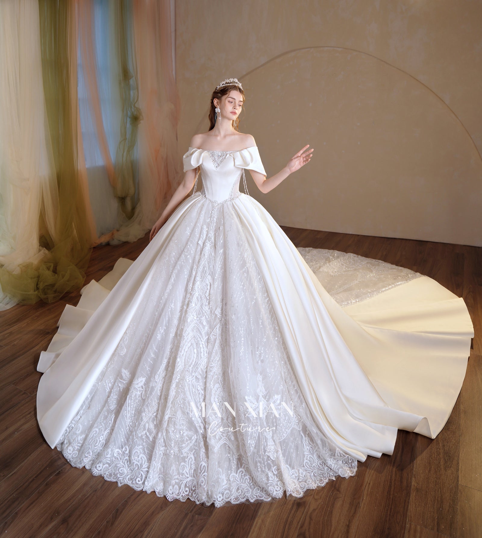 Regal Off-Shoulder Satin Ball Gown Wedding Dress with Cathedral Train & Crystal Lace Appliqués