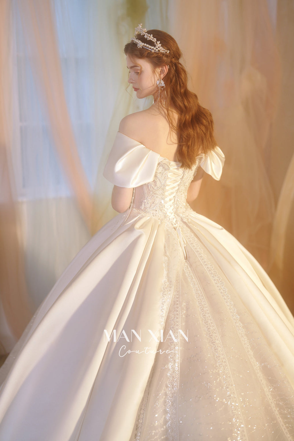Regal Off-Shoulder Satin Ball Gown Wedding Dress with Cathedral Train & Crystal Lace Appliqués