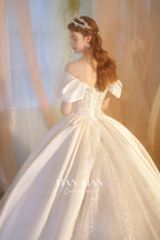 Regal Off-Shoulder Satin Ball Gown Wedding Dress with Cathedral Train & Crystal Lace Appliqués