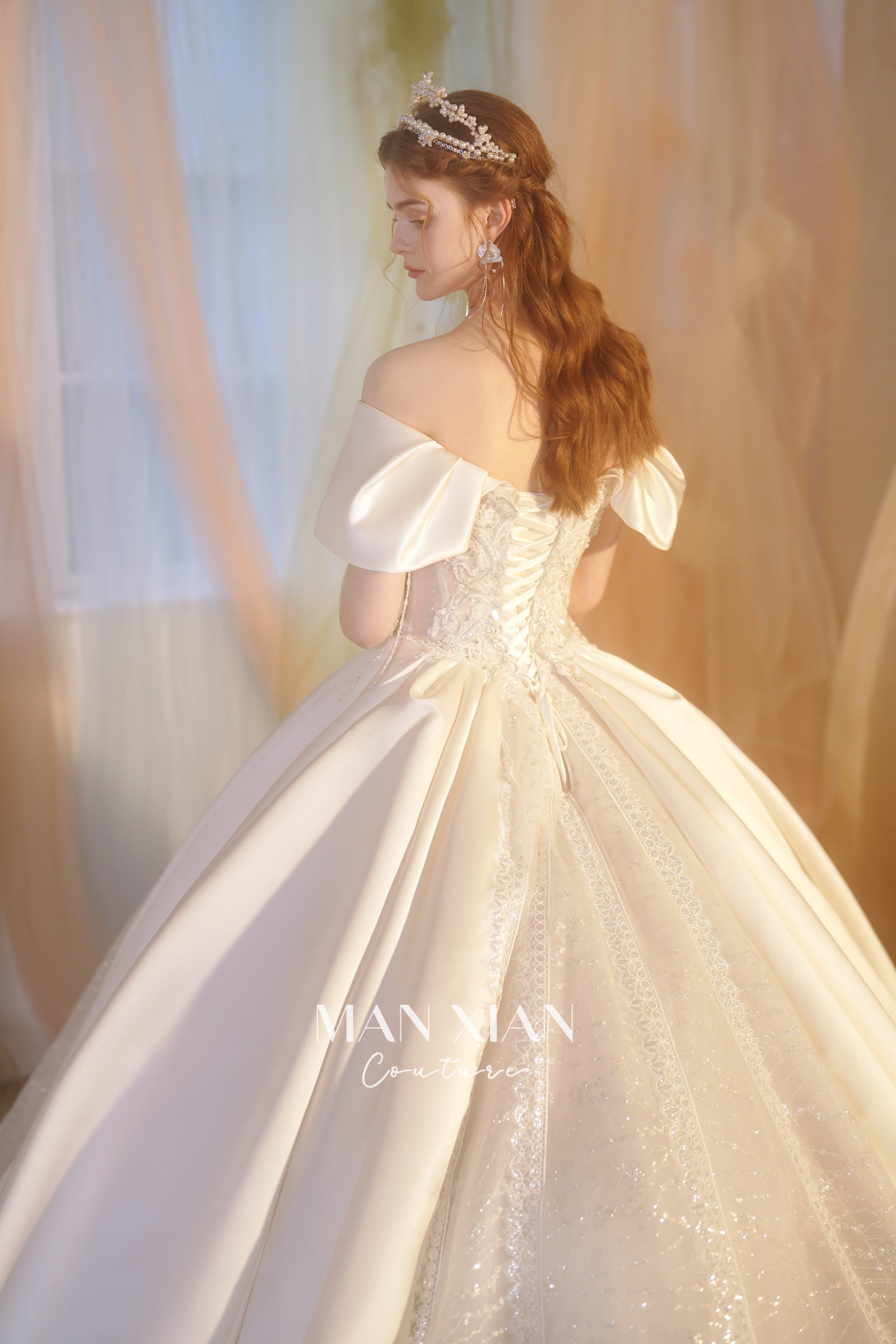 Regal Off-Shoulder Satin Ball Gown Wedding Dress with Cathedral Train & Crystal Lace Appliqués