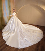Regal Off-Shoulder Satin Ball Gown Wedding Dress with Cathedral Train & Crystal Lace Appliqués