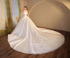 Regal Off-Shoulder Satin Ball Gown Wedding Dress with Cathedral Train & Crystal Lace Appliqués