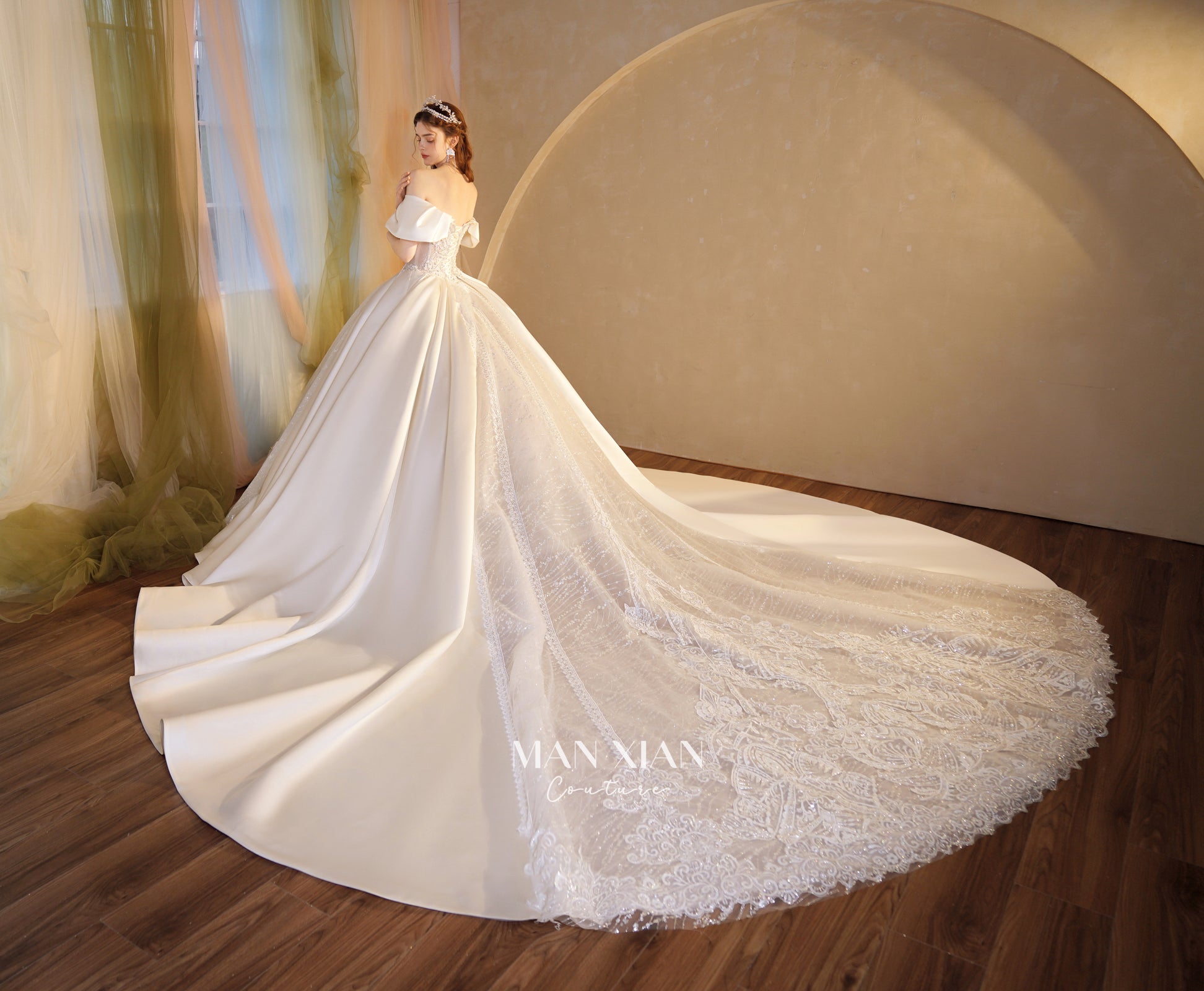 Regal Off-Shoulder Satin Ball Gown Wedding Dress with Cathedral Train & Crystal Lace Appliqués