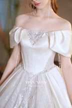 Regal Off-Shoulder Satin Ball Gown Wedding Dress with Cathedral Train & Crystal Lace Appliqués