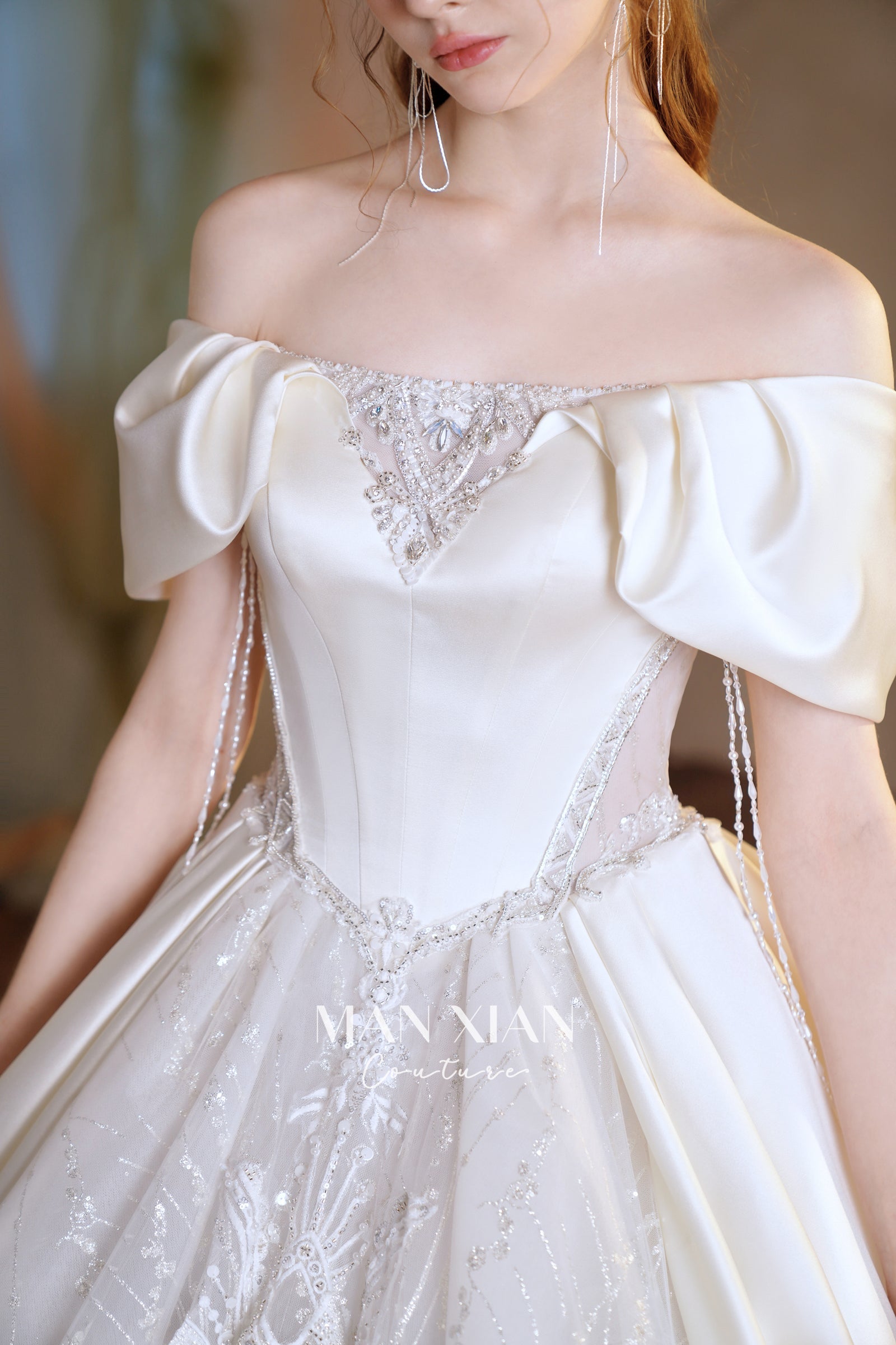 Regal Off-Shoulder Satin Ball Gown Wedding Dress with Cathedral Train & Crystal Lace Appliqués