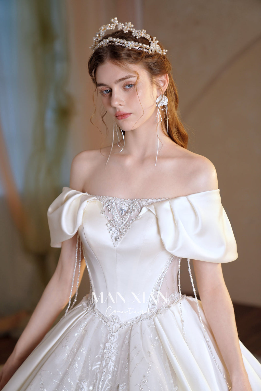 Regal Off-Shoulder Satin Ball Gown Wedding Dress with Cathedral Train & Crystal Lace Appliqués