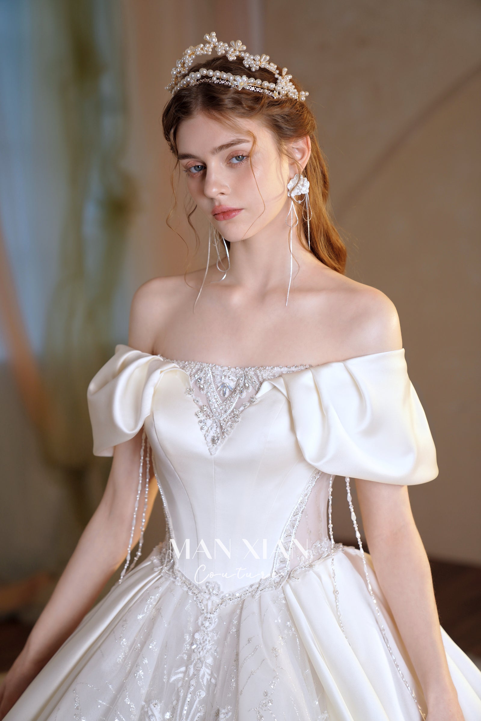 Regal Off-Shoulder Satin Ball Gown Wedding Dress with Cathedral Train & Crystal Lace Appliqués