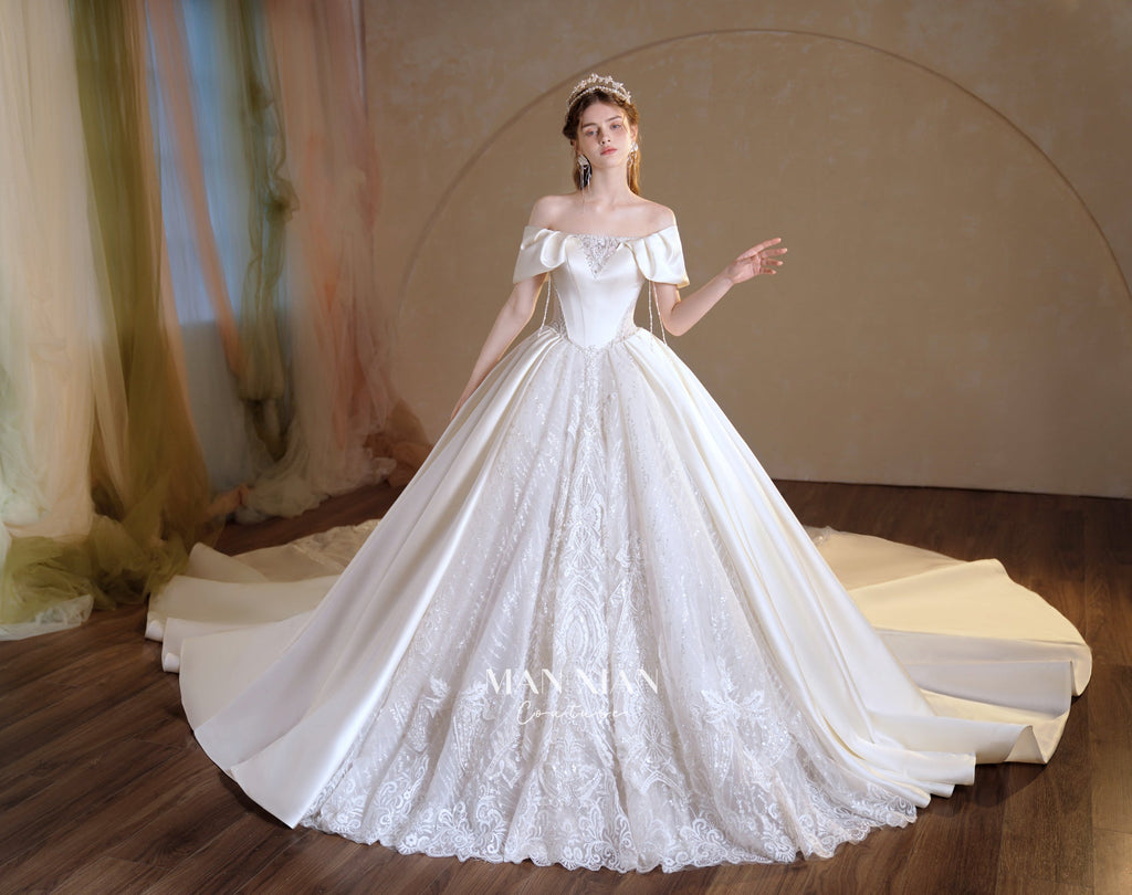Regal Off-Shoulder Satin Ball Gown Wedding Dress with Cathedral Train & Crystal Lace Appliqués