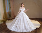Regal Off-Shoulder Satin Ball Gown Wedding Dress with Cathedral Train & Crystal Lace Appliqués