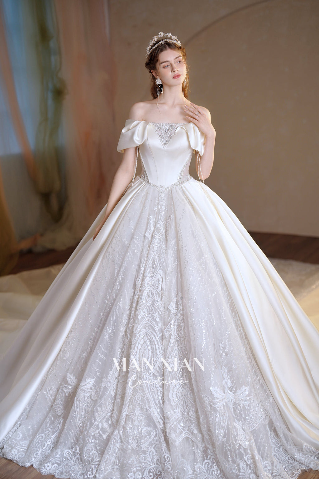 Regal Off-Shoulder Satin Ball Gown Wedding Dress with Cathedral Train & Crystal Lace Appliqués