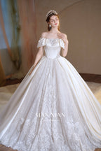 Regal Off-Shoulder Satin Ball Gown Wedding Dress with Cathedral Train & Crystal Lace Appliqués