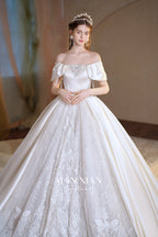 Regal Off-Shoulder Satin Ball Gown Wedding Dress with Cathedral Train & Crystal Lace Appliqués