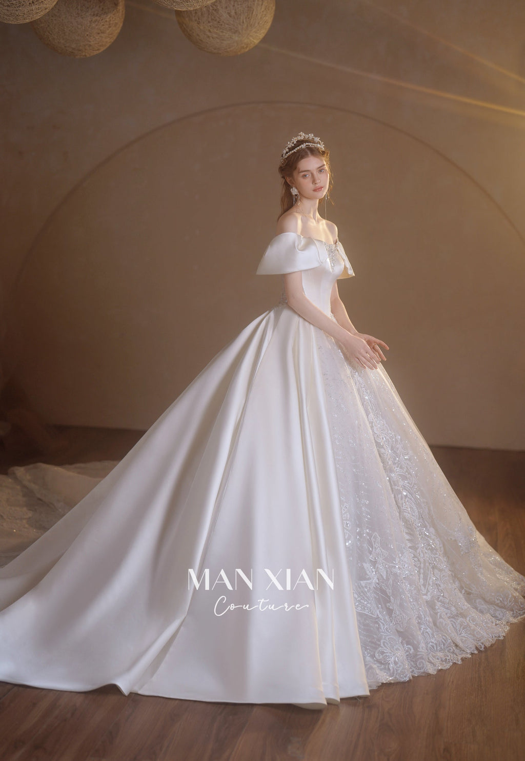 Regal Off-Shoulder Satin Ball Gown Wedding Dress with Cathedral Train & Crystal Lace Appliqués
