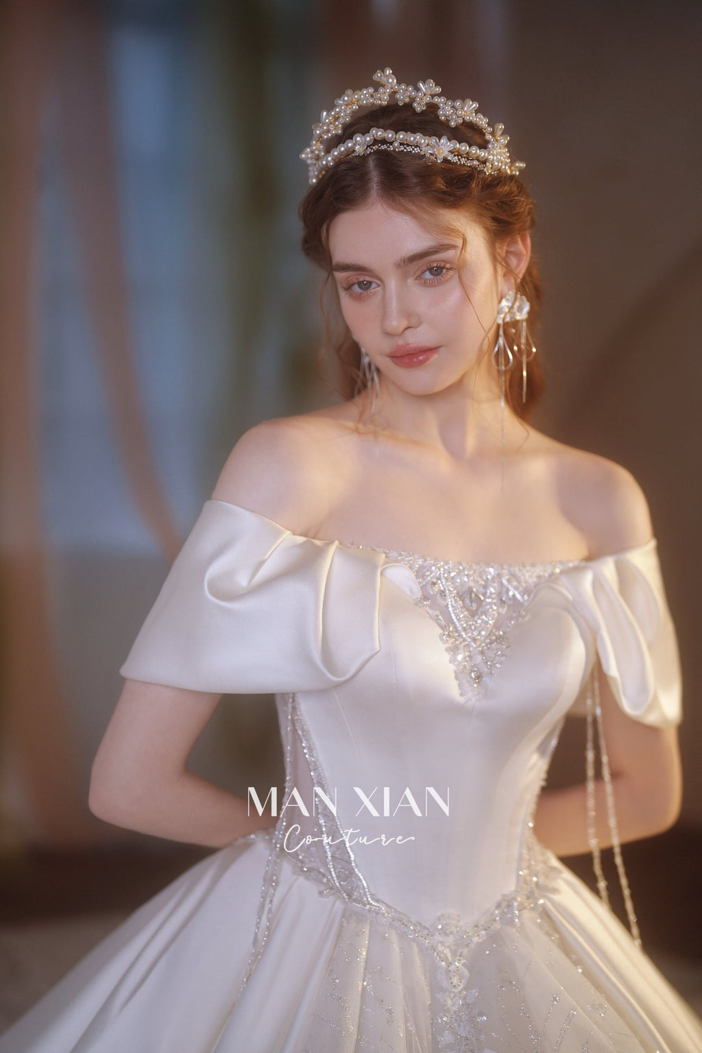 Regal Off-Shoulder Satin Ball Gown Wedding Dress with Cathedral Train & Crystal Lace Appliqués