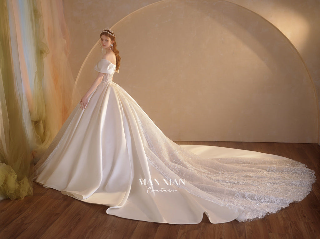 Regal Off-Shoulder Satin Ball Gown Wedding Dress with Cathedral Train & Crystal Lace Appliqués