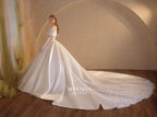 Regal Off-Shoulder Satin Ball Gown Wedding Dress with Cathedral Train & Crystal Lace Appliqués