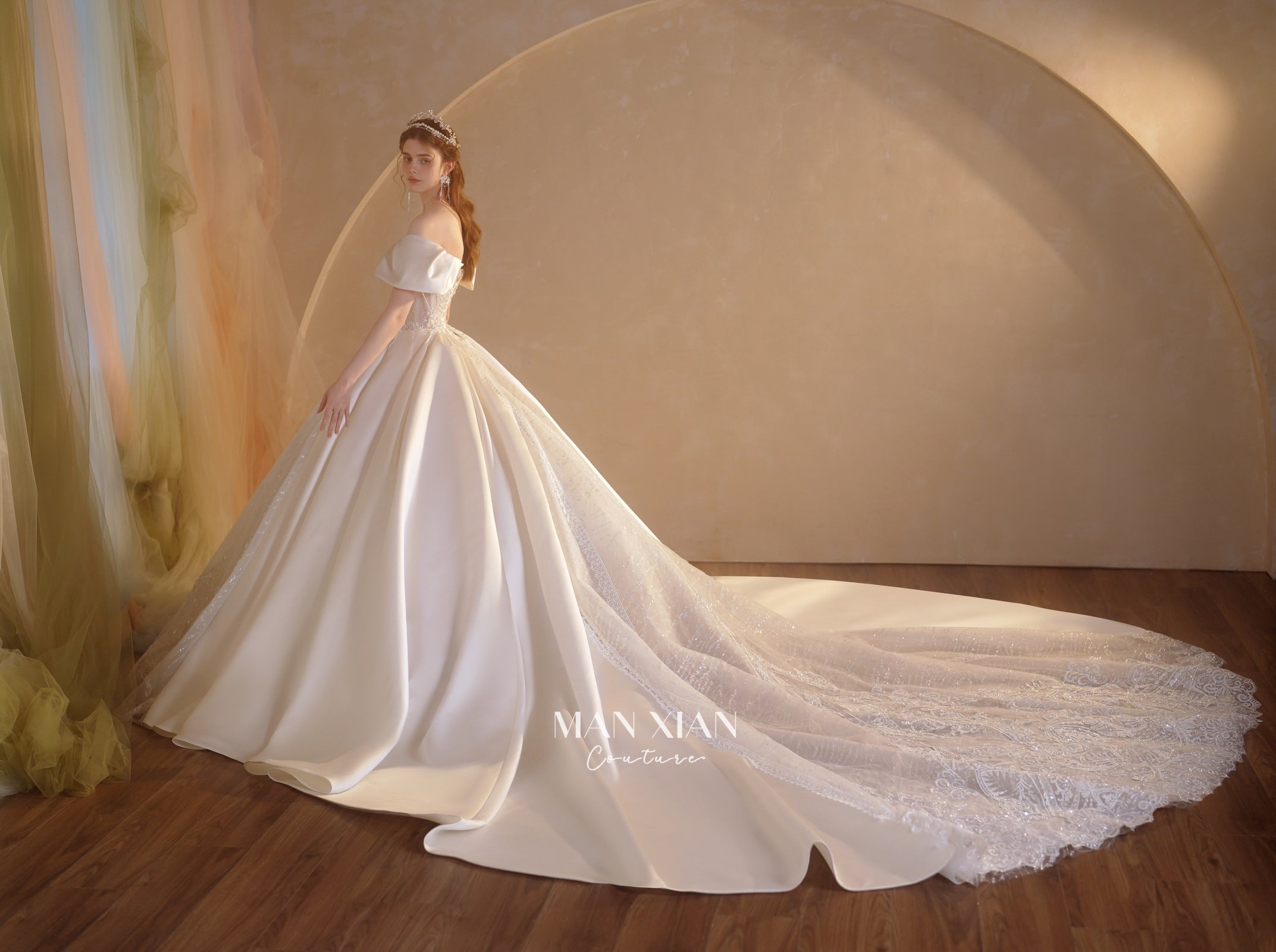 Regal Off-Shoulder Satin Ball Gown Wedding Dress with Cathedral Train & Crystal Lace Appliqués
