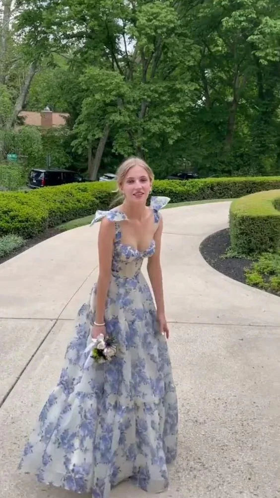 A-line Blue Floral Print Long Prom Dress Blue Evening Dress Y2560