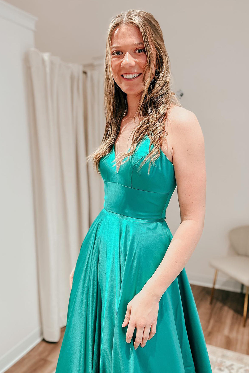 A Line Spaghetti Straps Satin Prom Dress with Slit