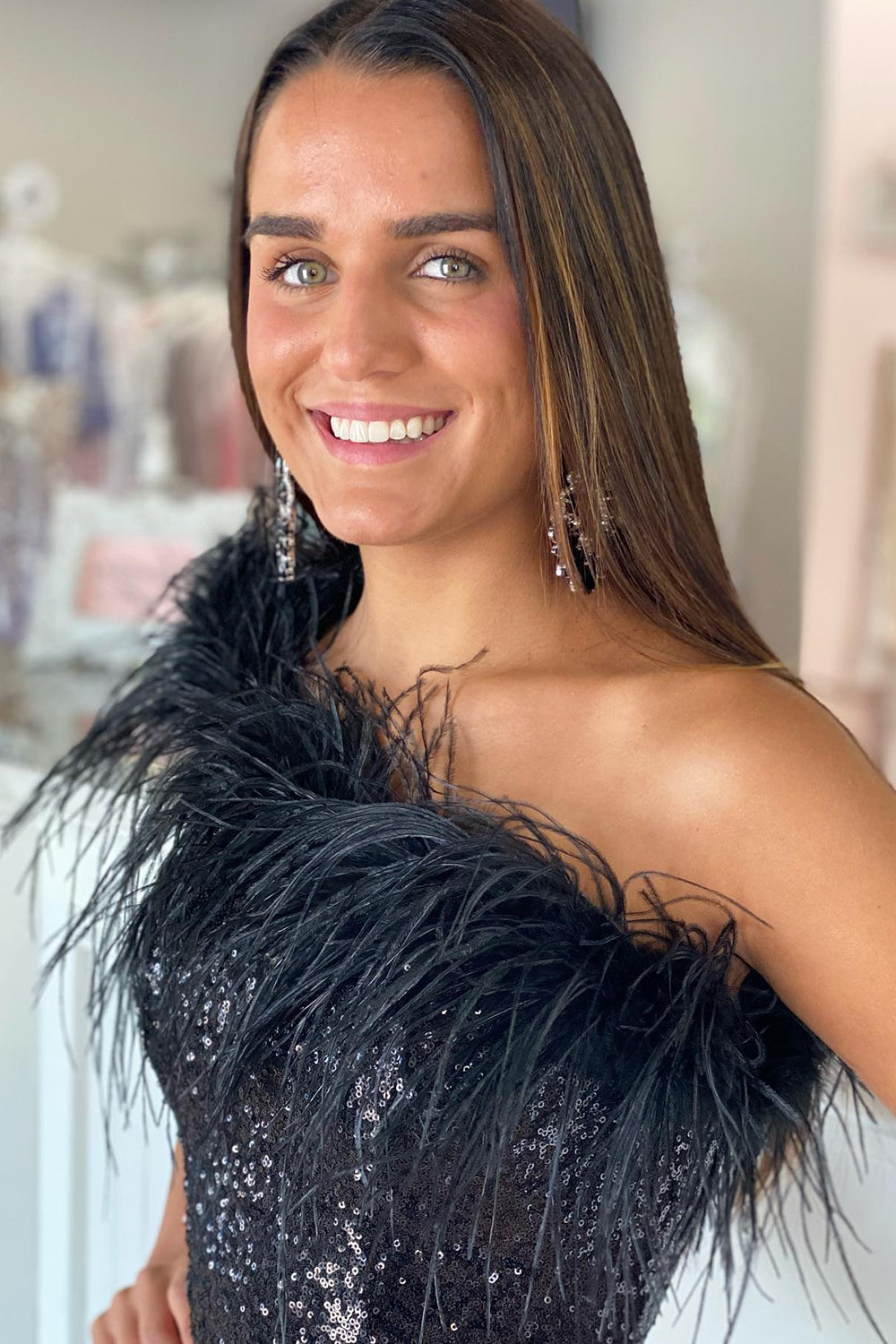 Sparkly Tight Sequins Homecoming Dress with Feathers