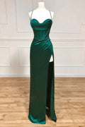 Sheath Spaghetti Straps Corset Satin Prom Dress with Split