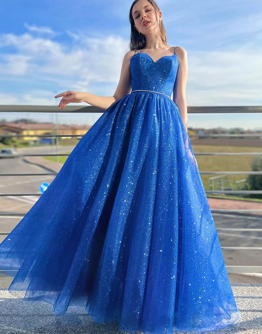  Royal Blue Sparkly A Line Spaghetti Straps Long Prom Dress