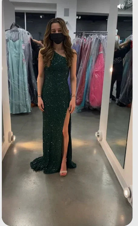 Glitter One Shoulder Green Sheath/Column Evening Dress Charming Formal Gown With Side Slit  Y509