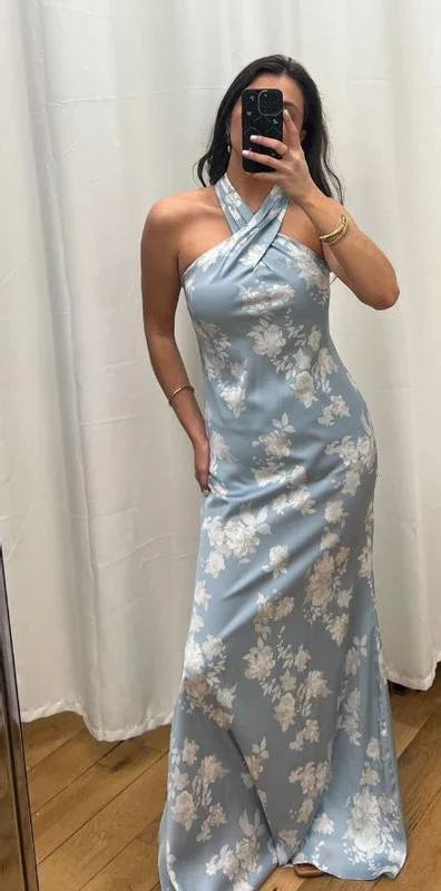 Pretty Halter Navy Blue Satin Print Long Prom Dress Evening Dress Y8453