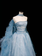 Dream Blue Tulle Beaded A Line Prom Dress Long Evening Dress Y8691