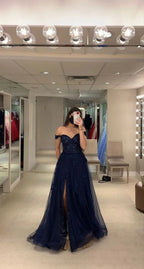 Off The Shoulder Navy Evening Dress With Split Navy Blue Graduation Dress Y6781