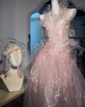 Fairy Pink Tulle Beaded Prom Dress Long Backless Evening Dress Y8564