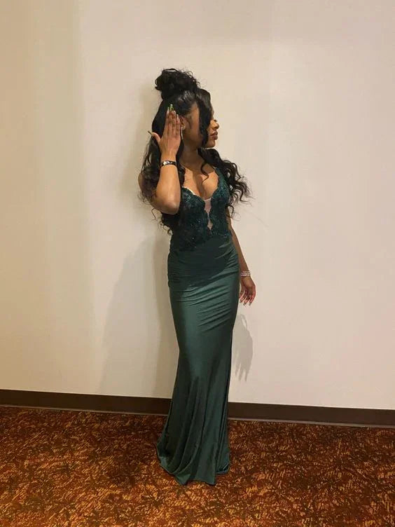 Green V Neck Mermaid Evening Dress Green Evening Gown Y6288