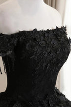 Black Off Shoulder Tulle Ball Gown With Lace Sweet 16 Dress, Black Long Evening Dress Y1143