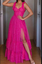 Glitter A-line Hot Pink Long Prom Dress,Generous Evening Dress,Graduation Dress Y1906
