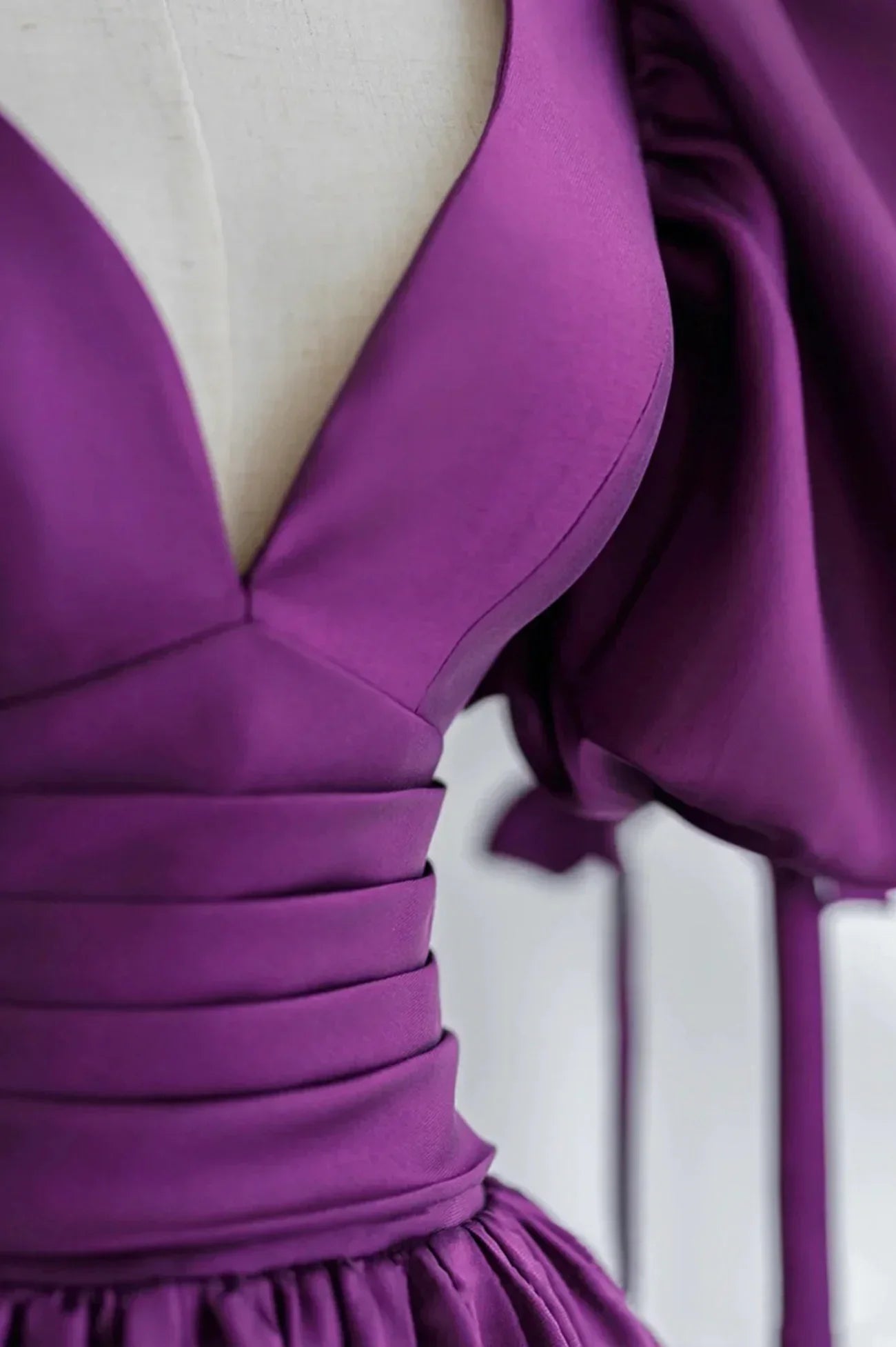 Purple Puff Sleeves Satin Long Prom Dress V-Neck Evening Dress Y856